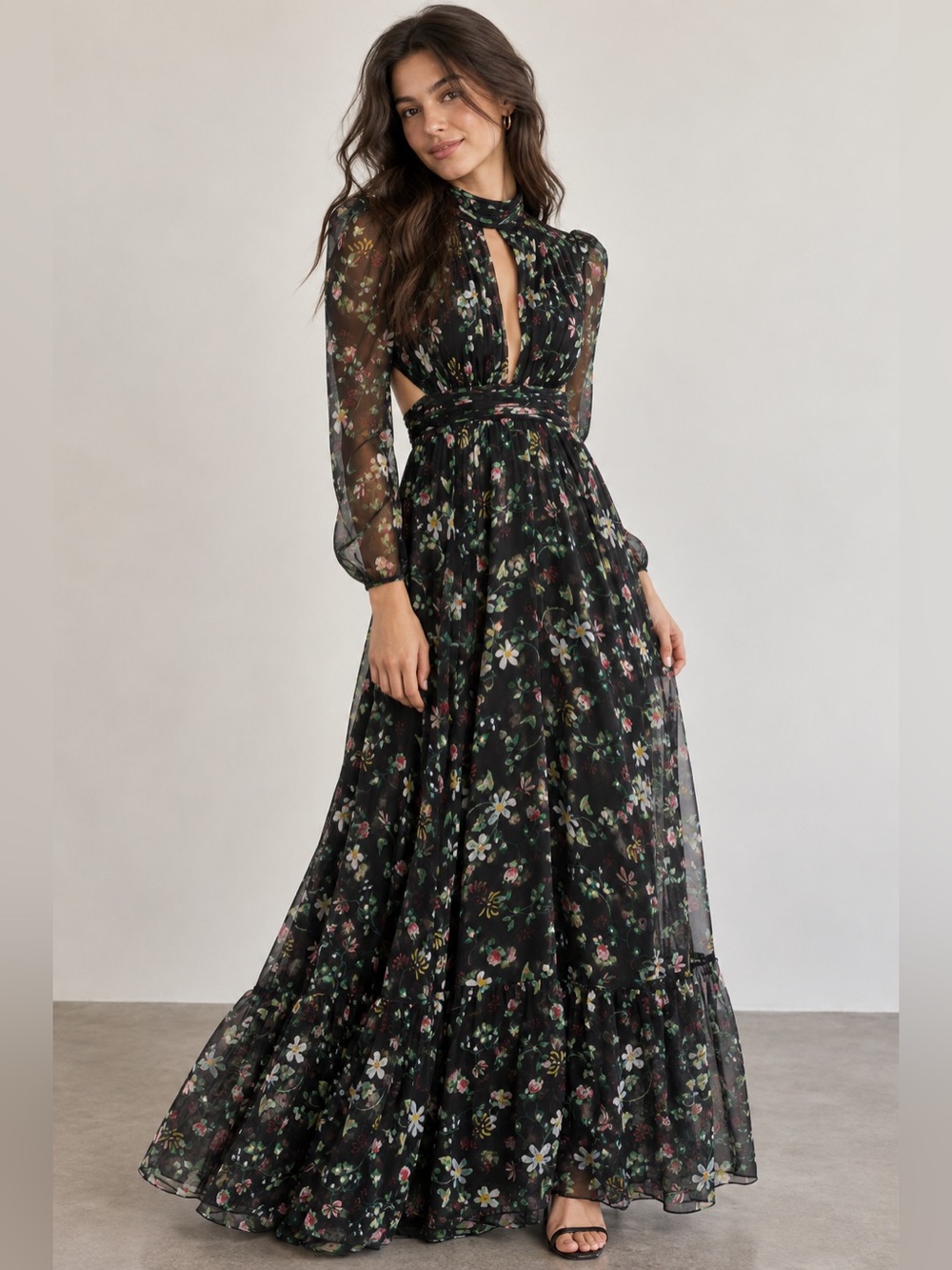 Mac Duggal Black Floral Sheer Long-Sleeve Keyhole Maxi Dress Size 2 Style 67942